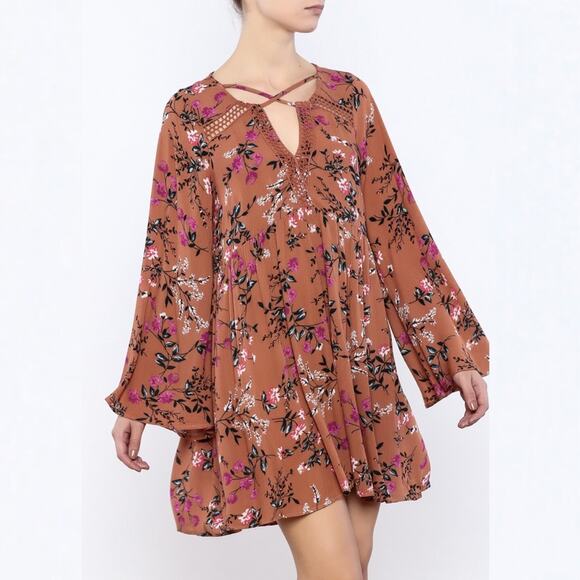 Umgee | Rust Floral Print Bell Sleeve Boho Dress - Picture 5 of 6